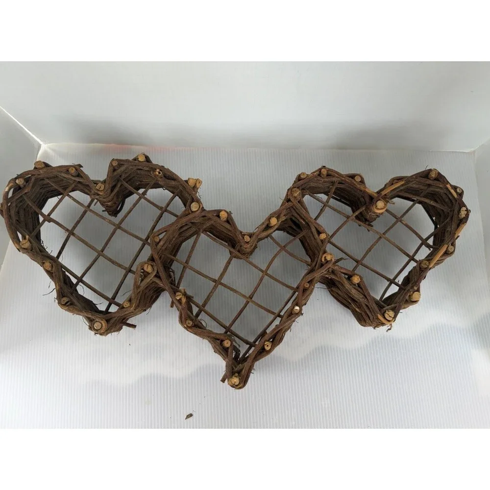 Vintage Grapevine Triple Heart Wall Hanging Basket Wicker Wood Farmhouse Decor